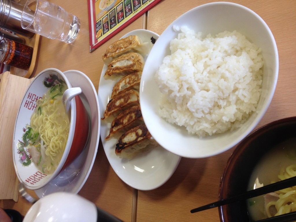 Lunch of Ramen, rice and Gyoza