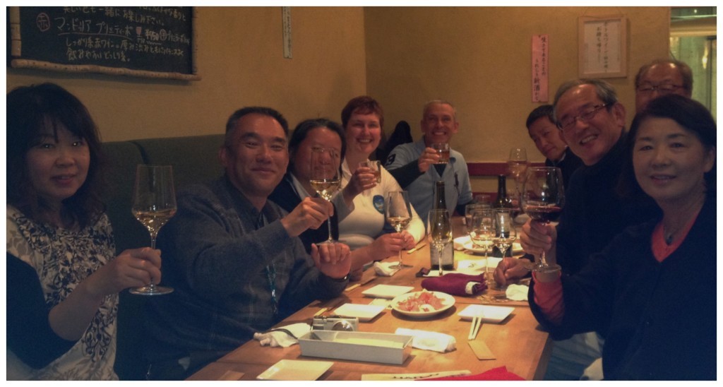 A group photo at the wine bar in Osaka