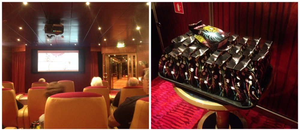 Cinema room on MS Oosterdam with bags of popcorn