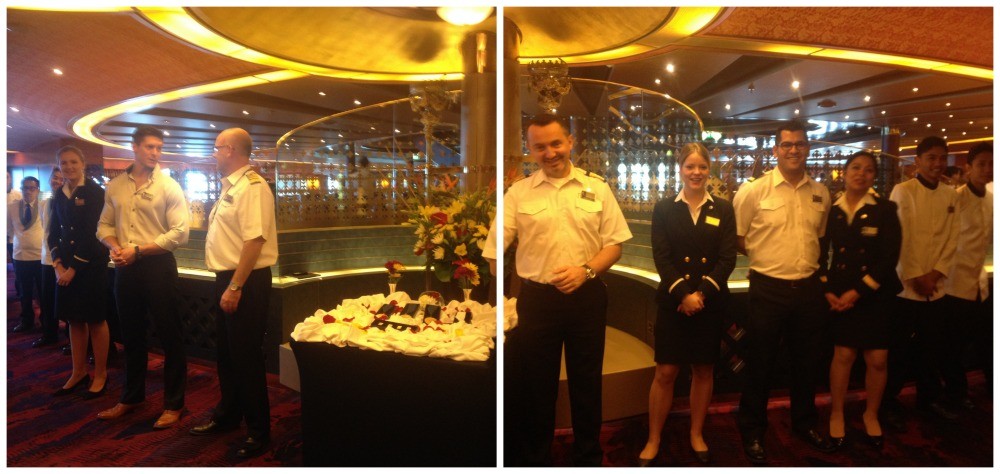 The Captain and some of the crew welcome returning HAL guests back to the Mariners lunch 