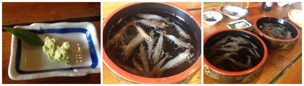 Bowls of live shrimp which you pick out, peel and eat