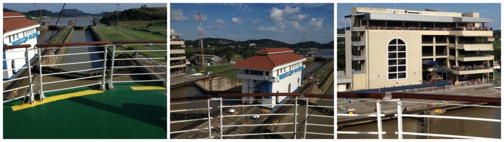 Miraflores lock, viewing platforms packed with people 