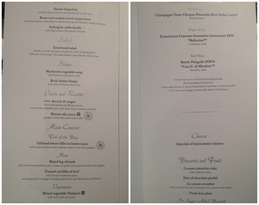 Dinner menu MSC Magnifica 2015