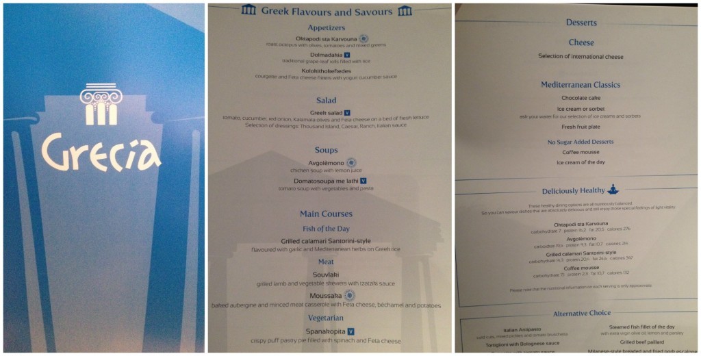 Greek themed dinner menu MSC Magnifica 2015