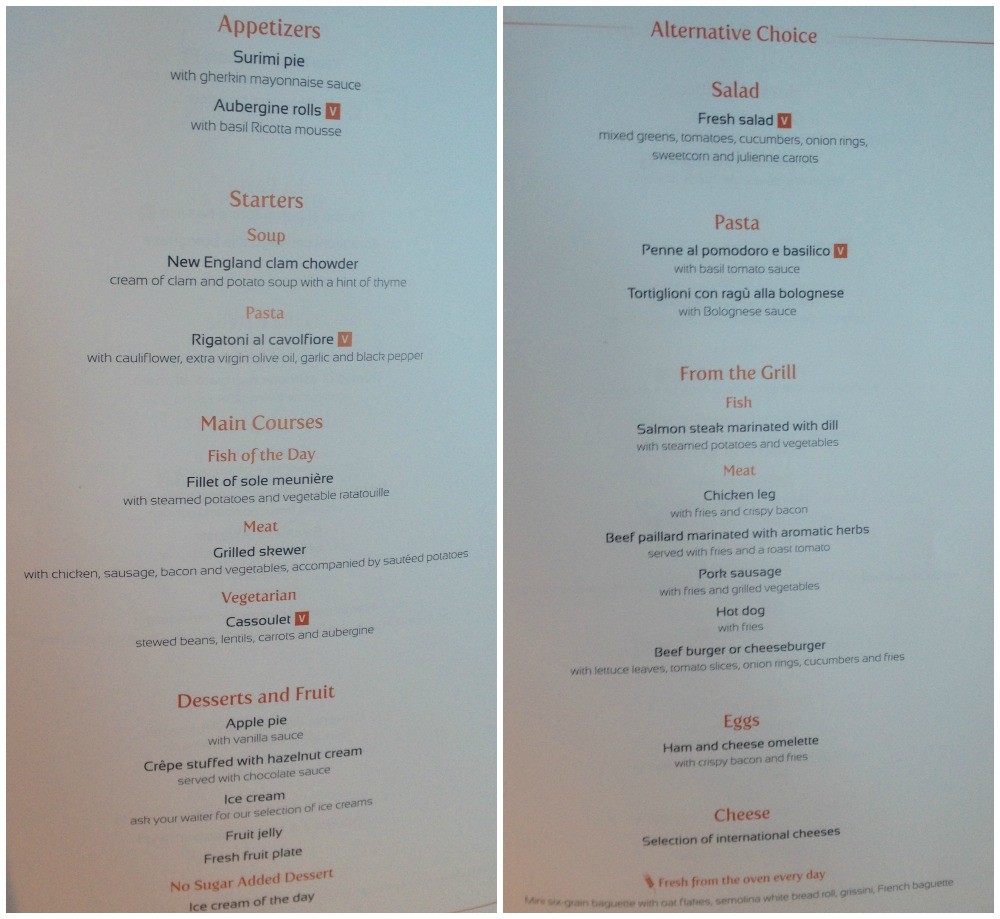Lunch menu on MSC Magnifica 2015