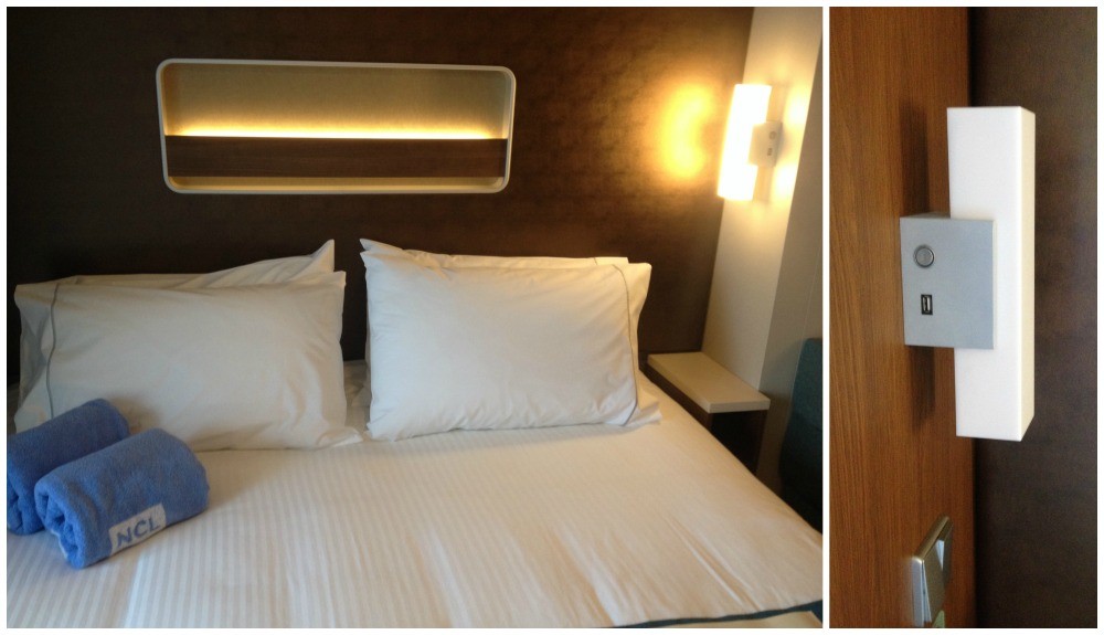 Bedroom space on NCL Escape, great lighting with a USB charge outlet on each bed lamp
