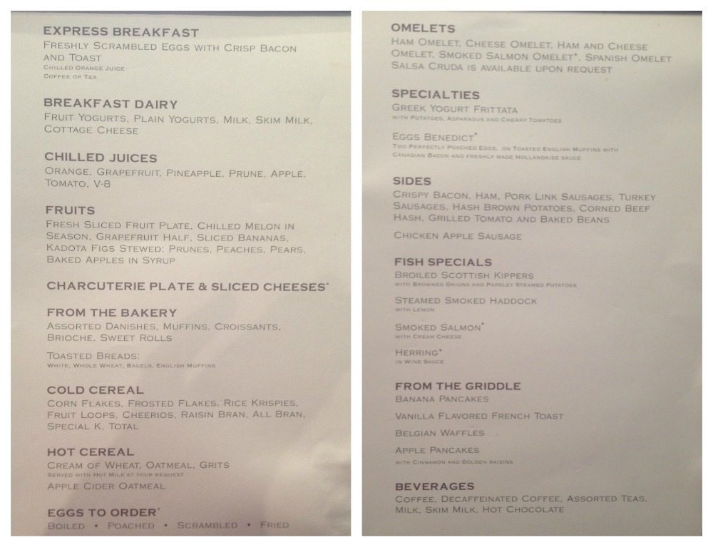 Breakfast menu in the Main dining room on Celebrity Eclipse