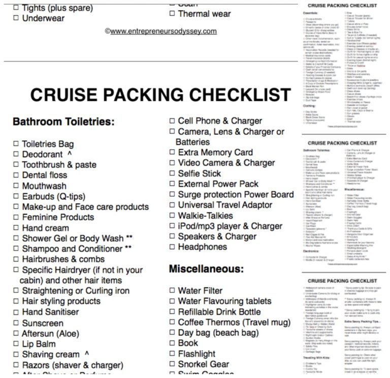 cruise line check list