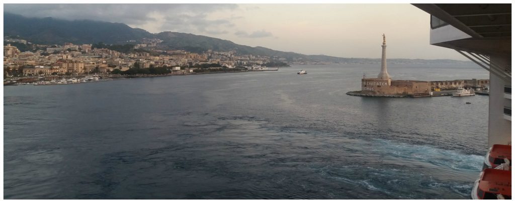 Messina port entrance with the Madonna monument as we turn