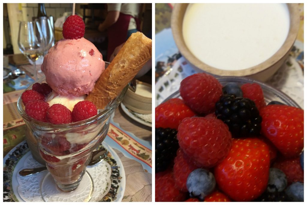 Ice cream coupe & fresh berries with Gruyères cream